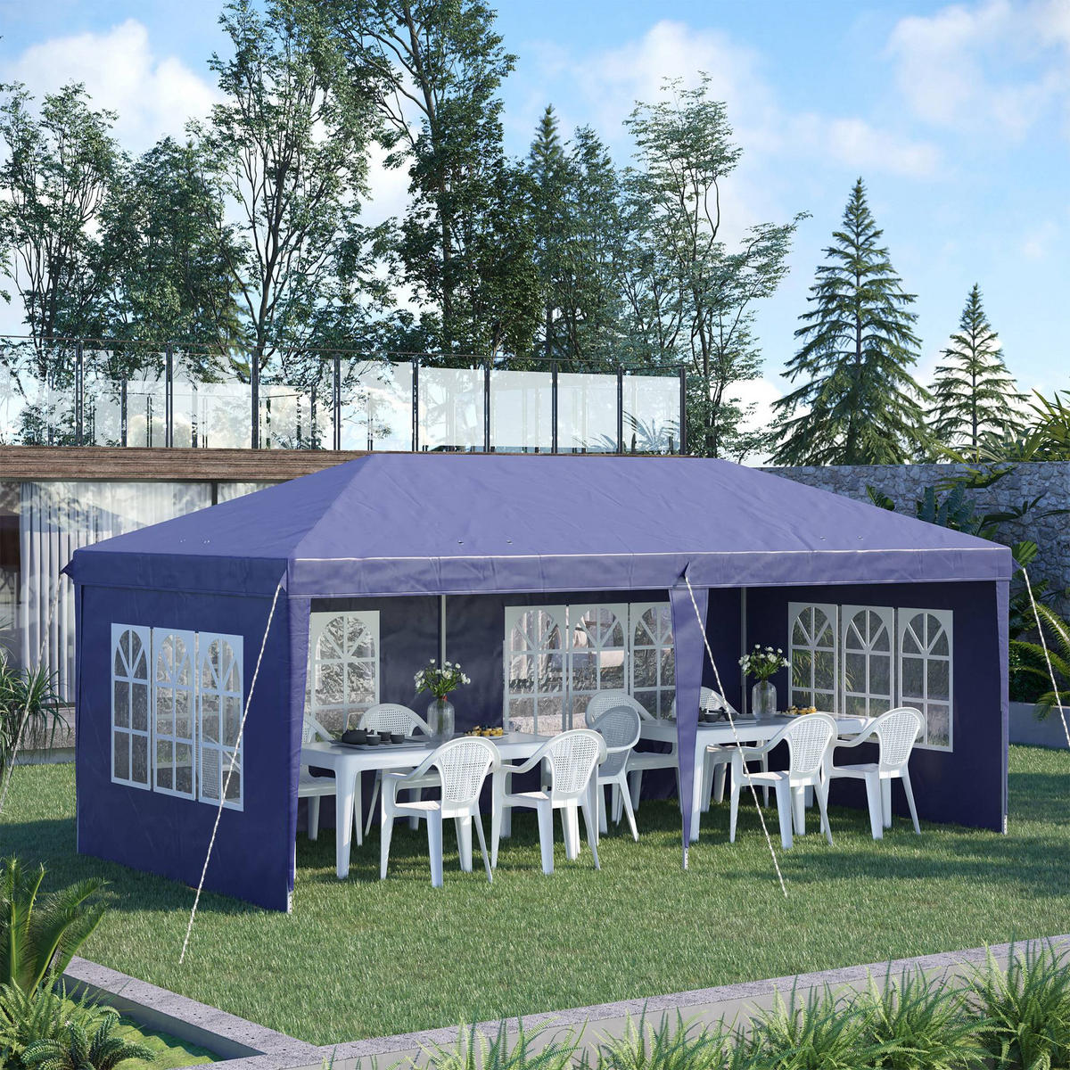 FALTPAVILLON, Weiß, Stahl, Polyester - Blau, Metall (295/270/585cm) - Outsunny
