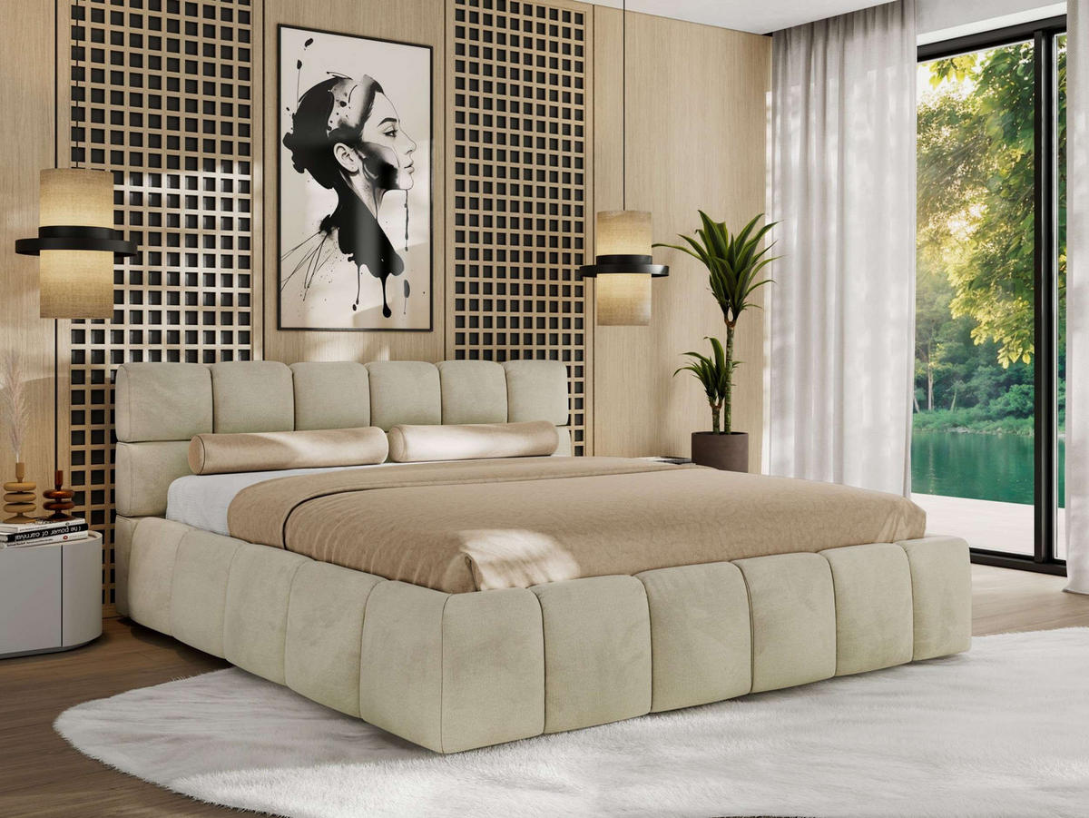 POLSTERBETT NIRA CLASSIC 140/200 - Beige Velvet - Pocket-Matratze - Beige, Textil (140/200cm) - MKS