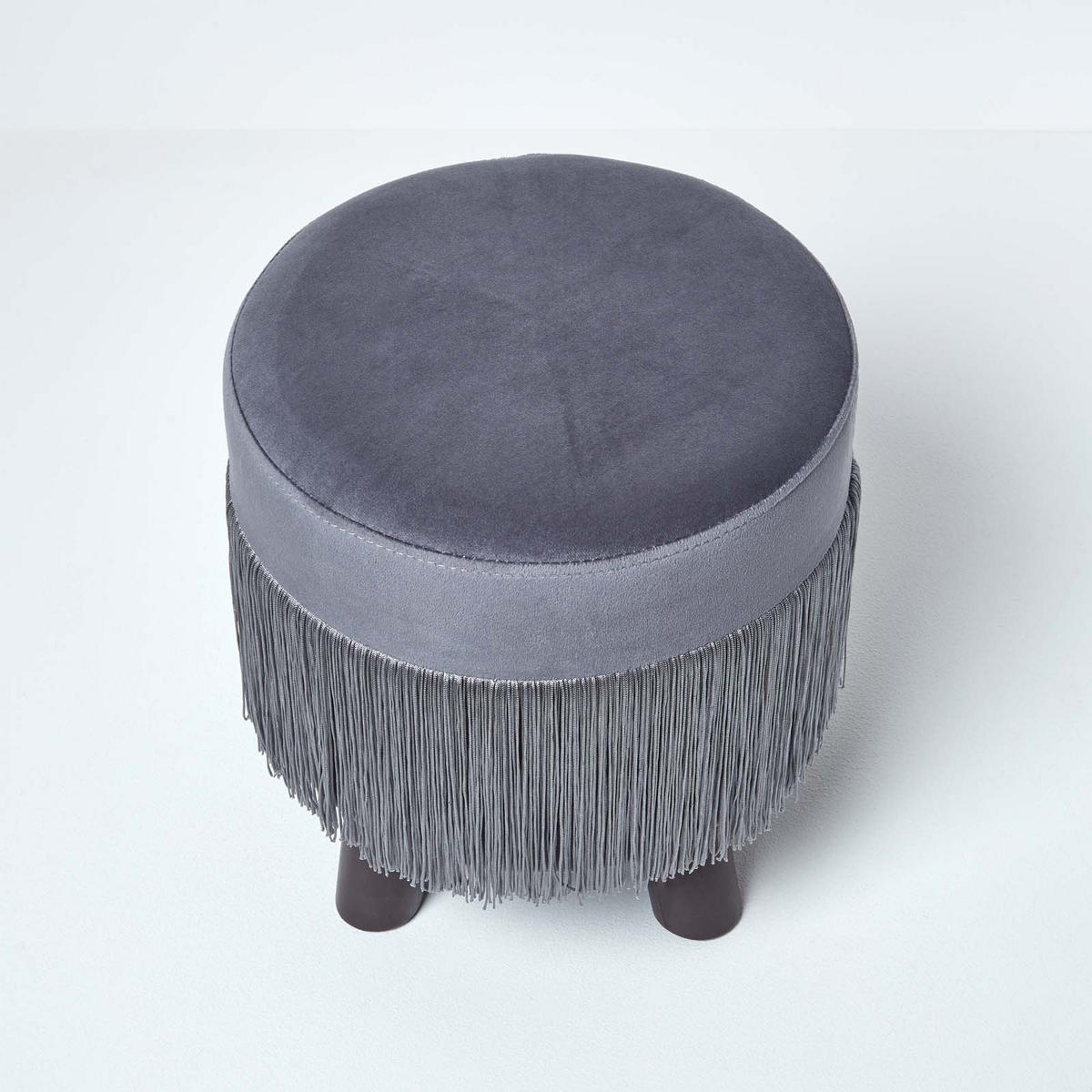 SAMT-HOCKER Warwick grau, Dreibein mit Fransen 32/32/35 cm - Grau, Textil (32/35/32cm) - Homescapes