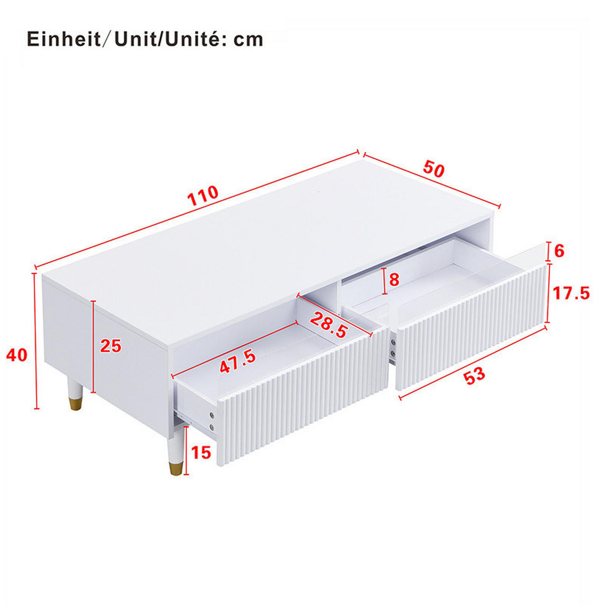 KONFERENČNÍ stolek z MDF 110x50x40 cm bílý se 2 zásuvkami a LED osvětlením, vlnitý design - bílá, kompozitní dřevo (110/50/40cm) - Modfu