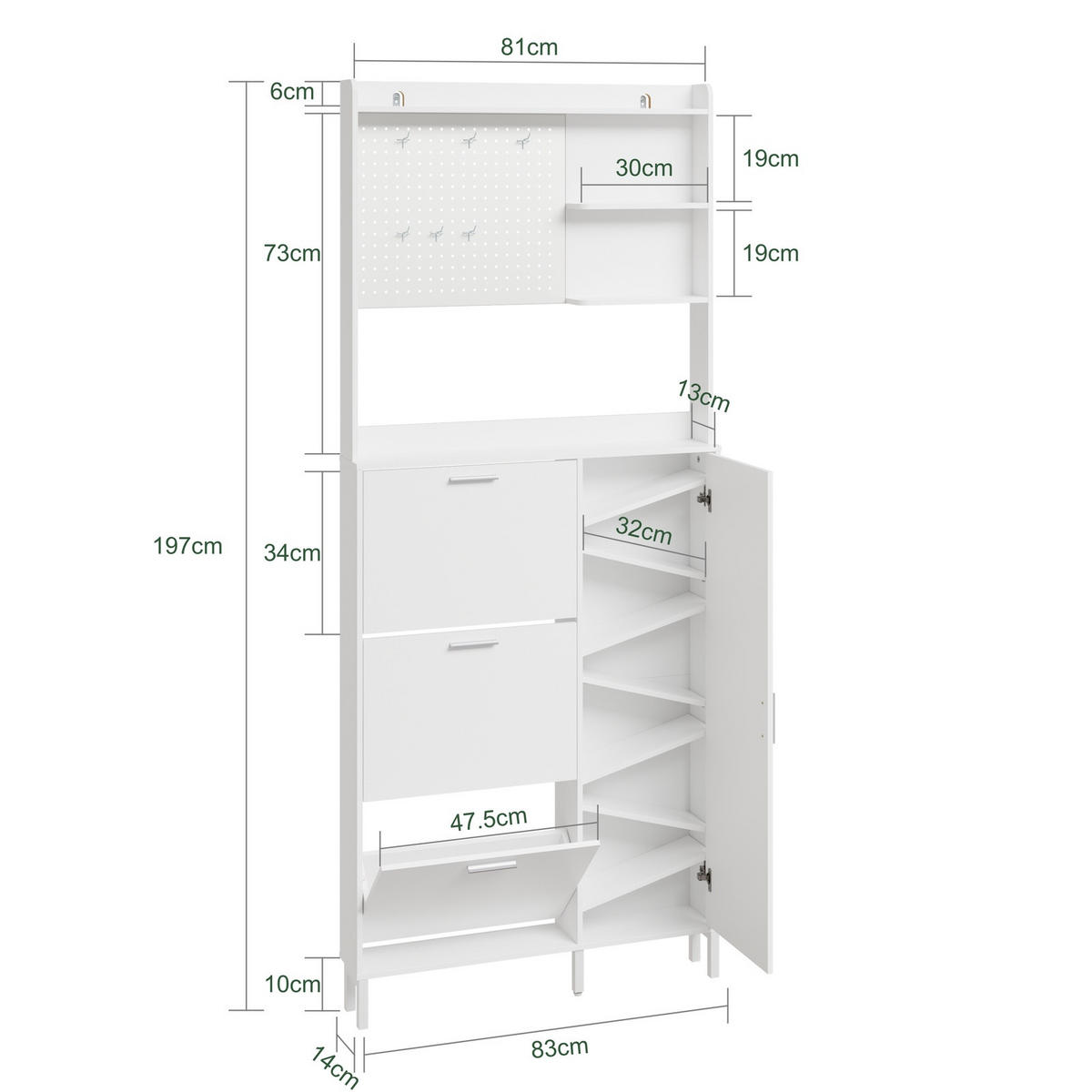 SCHUHSCHRANK mit Pegboard und Schubladen FSR232-W - Weiß, Holzwerkstoff/Kunststoff (83/197/14cm) - SoBuy