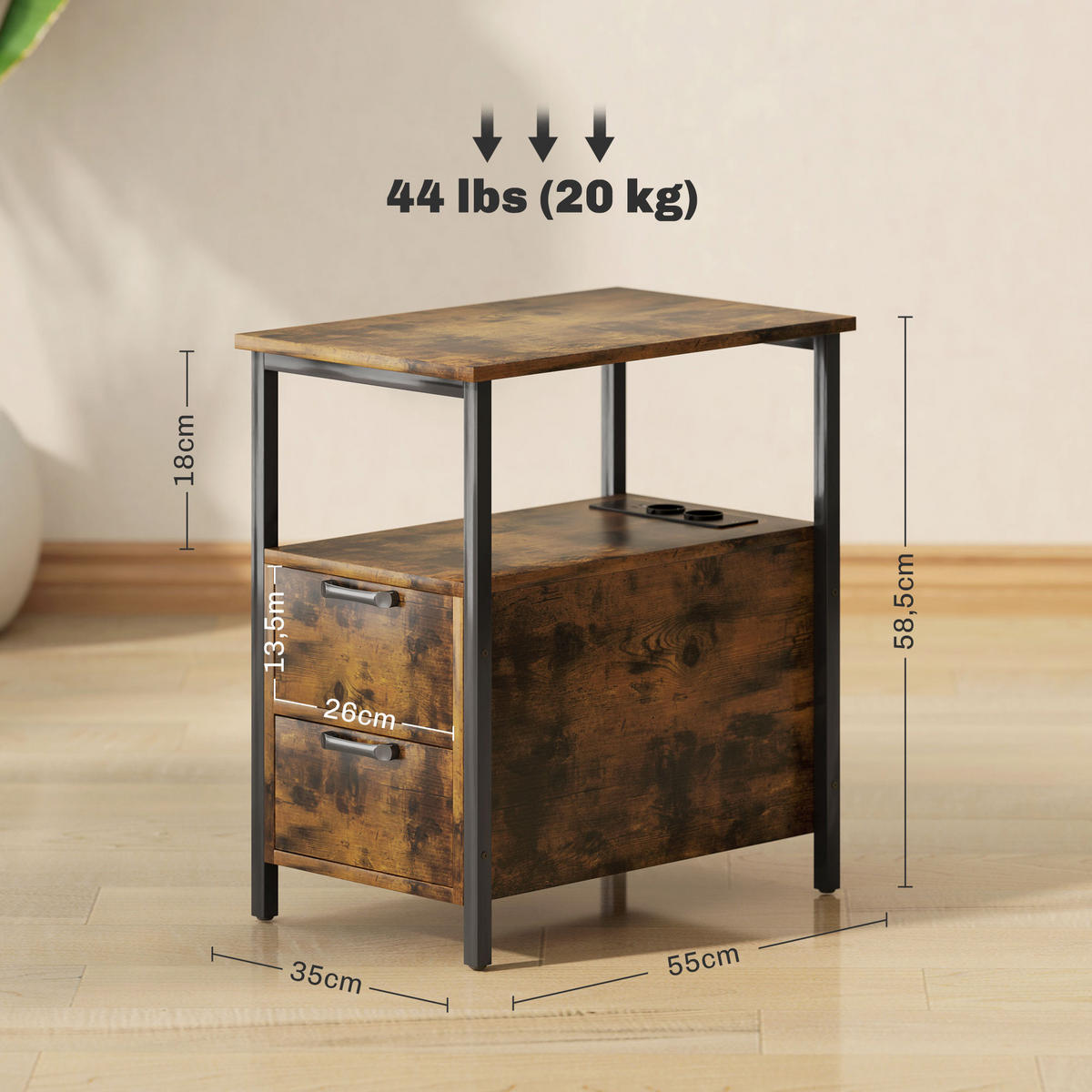 BEISTELLTISCH 55/35/58,5 cm in Braun mit 2 Schubladen und Ladestation - Braun, Holzwerkstoff (55/35/58.5cm) - Flora Grace