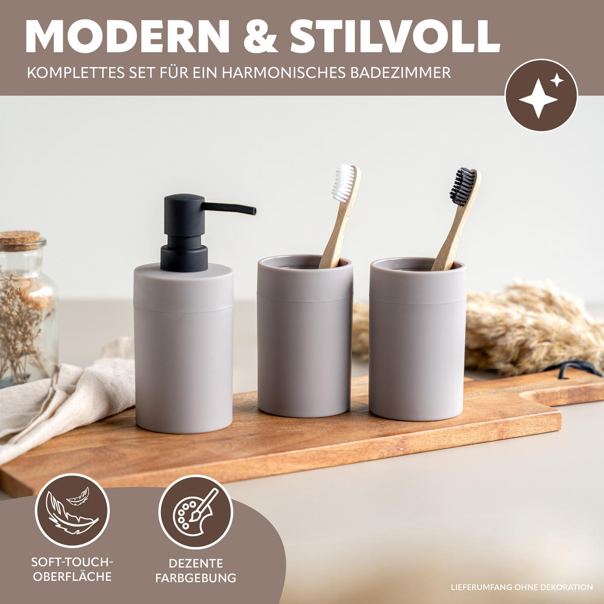 BADEZIMMER-SET SAVONA, Soft-Touch, taupe, rund - Taupe, Kunststoff (9/16/7cm) - bremermann