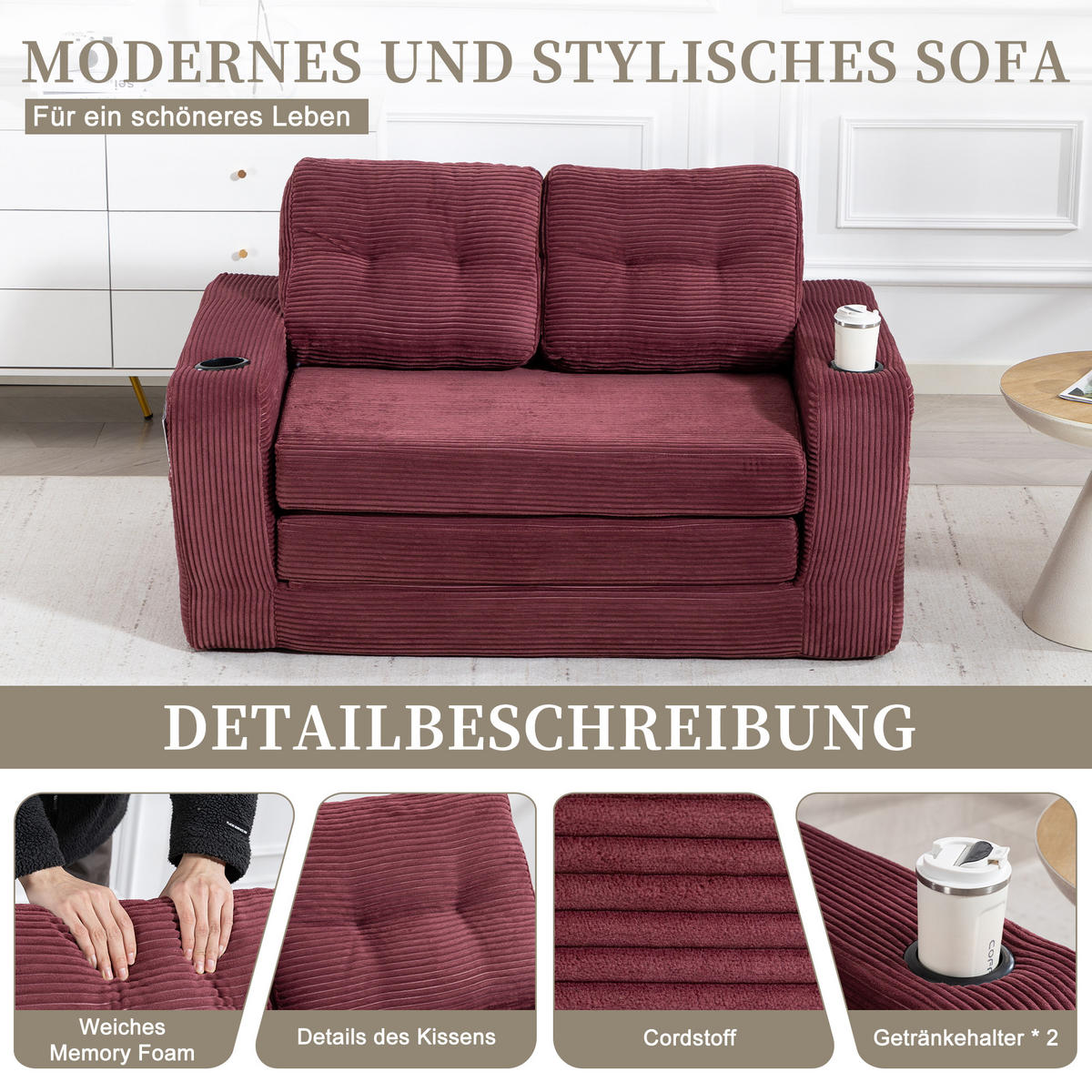 SCHLAFSOFA in Rotwein Cord mit Getränkehalter und Seitentaschen - Weinrot, Textil (136/82.5/80cm) - Oxeza