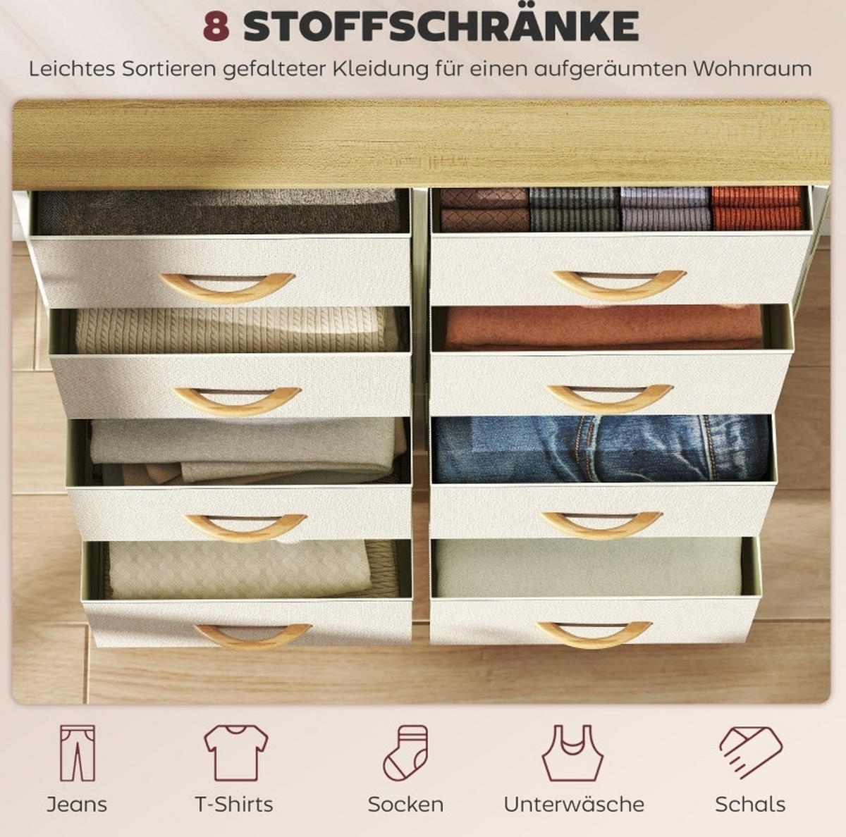 KOMMODE 30/86/94,5 cm mit 8 Stoffschubladen, Seitentaschen und Haken, Stahlgestell, Beige - Beige, Metall (86/94.5/30cm) - Redom
