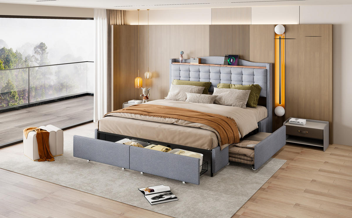 BETT grau 200/166/110 cm - Grau, Textil/Metall (160/200cm) - Urban Meuble