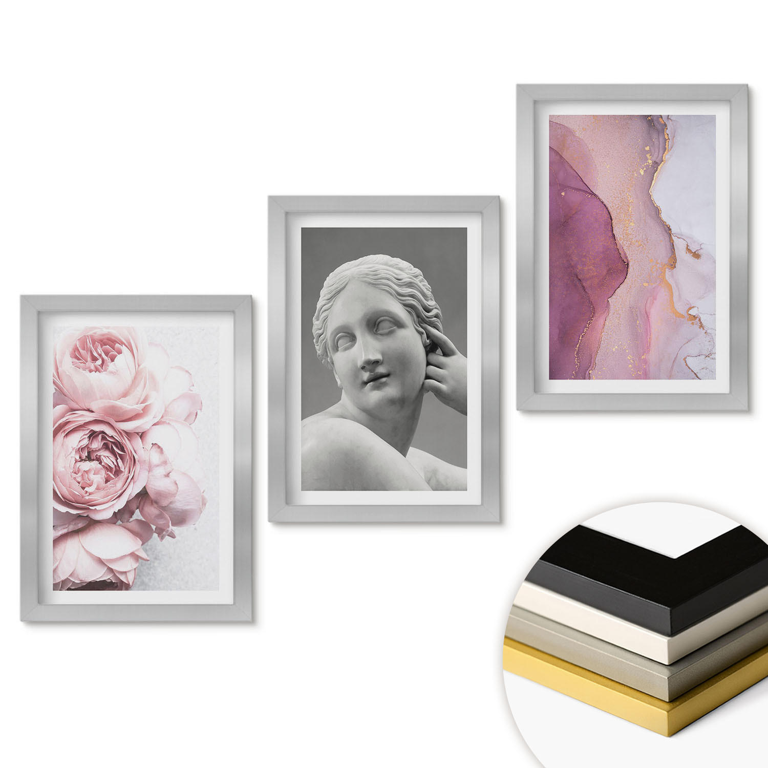 WANDBILDER 3er Set - 20x30 cm Silberner Rahmen - Pfingstrosen abstrakte Frauenskulptur - Silberfarben, Kunststoff (20/30cm) - ArtPrintCave