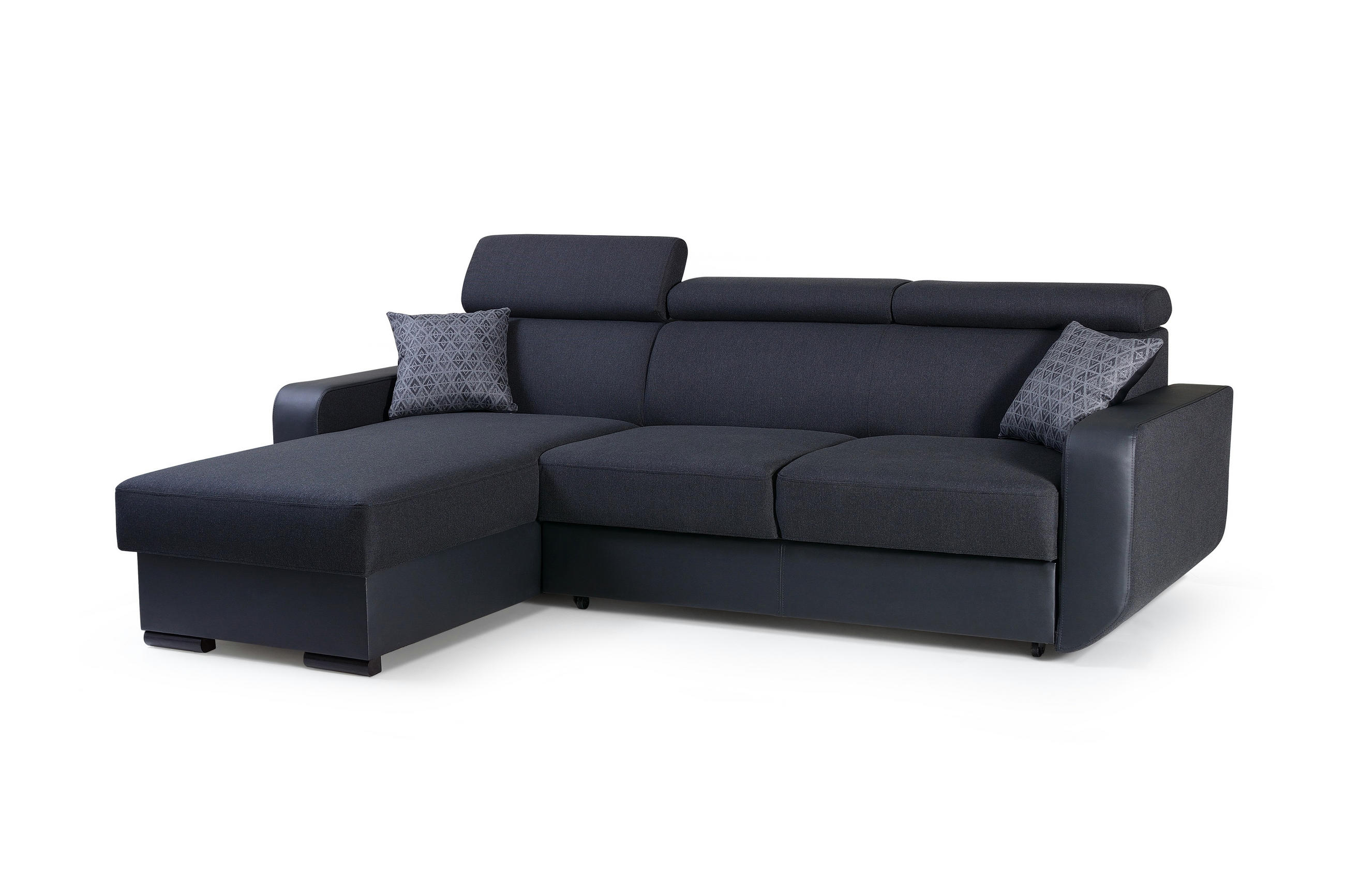 ECKSOFA PALAZZO Schwarz Geflochtener Stoff mit Schlaffunktion - Schwarz, Holz (236/165cm) - MASSENO