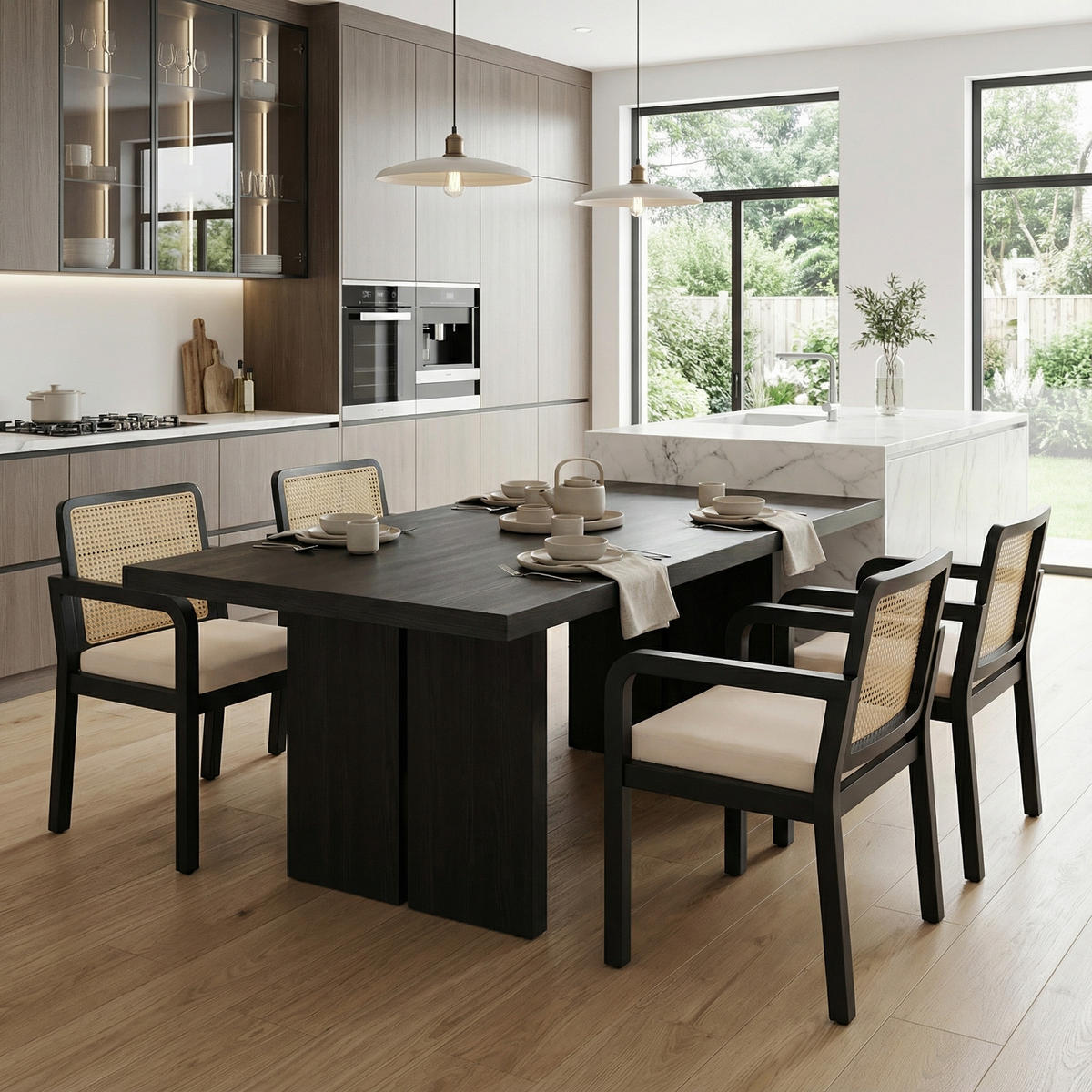 ESSZIMMERSTÜHLE 2er-Set mit Rattan-Rückenlehne - Beige, Holz (56/83/57cm) - Urban Meuble