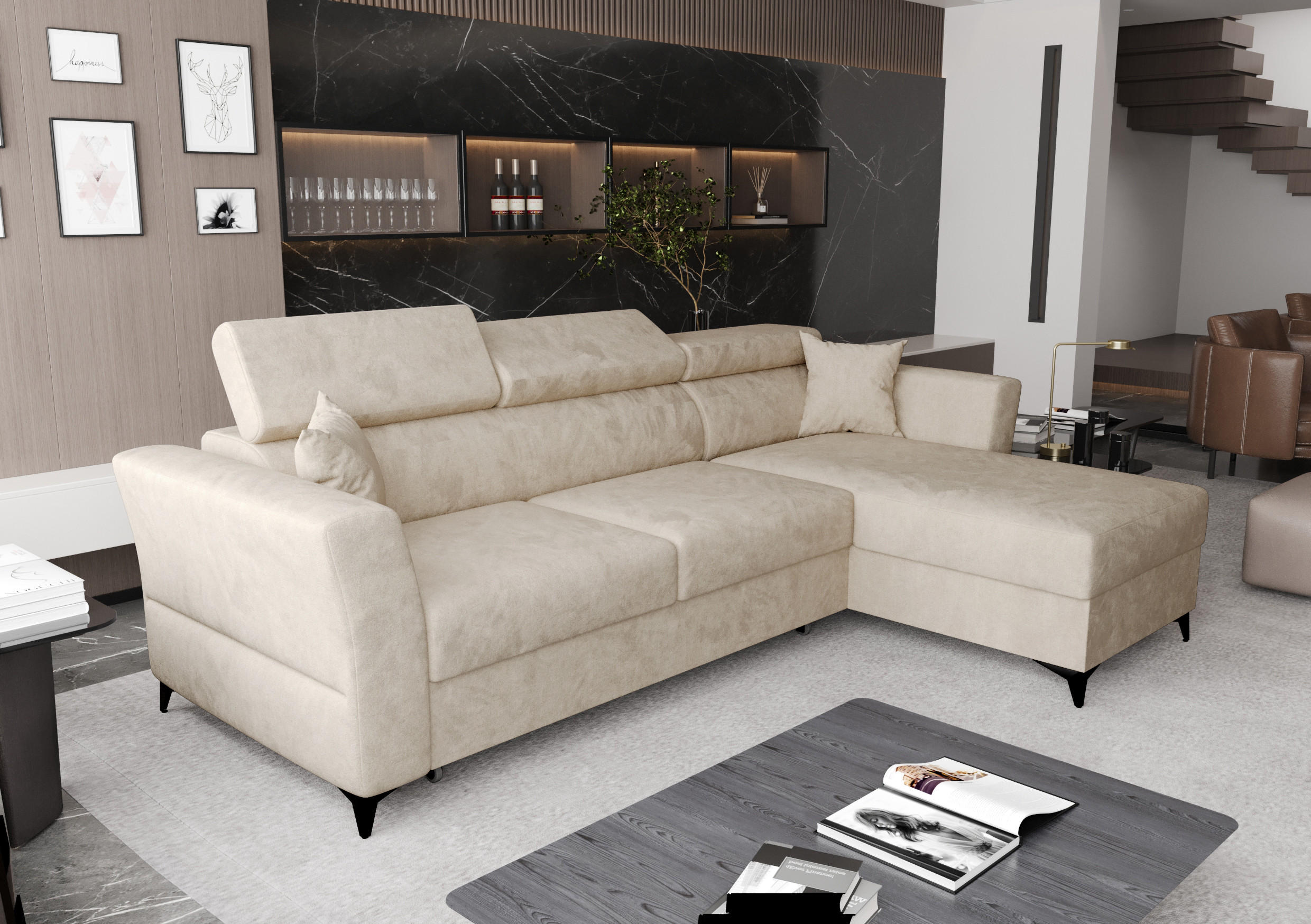 ECKSOFA L Form Ribella Beige 265/180/100 cm Rechts mit Schlaffunktion - Beige/Schwarz, Textil/Metall (265/180cm) - AX Living