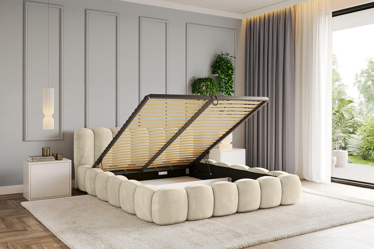 POLSTERBETT mit Bettkasten und Lattenrost, Boxbett ohne Matratze - SENA-v1 120x200 Beige - Beige, Holzwerkstoff/Textil (120/200cm) - ALTDECOR