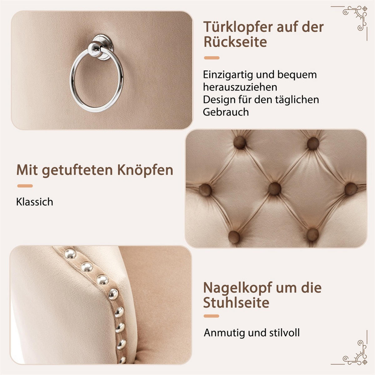 ESSZIMMERSTUHL 2er-Set - Samtbezug mit Knopfheftung, Ziernieten und Griffring - Beige - Beige, Textil (53.5/95/64cm) - DELFA