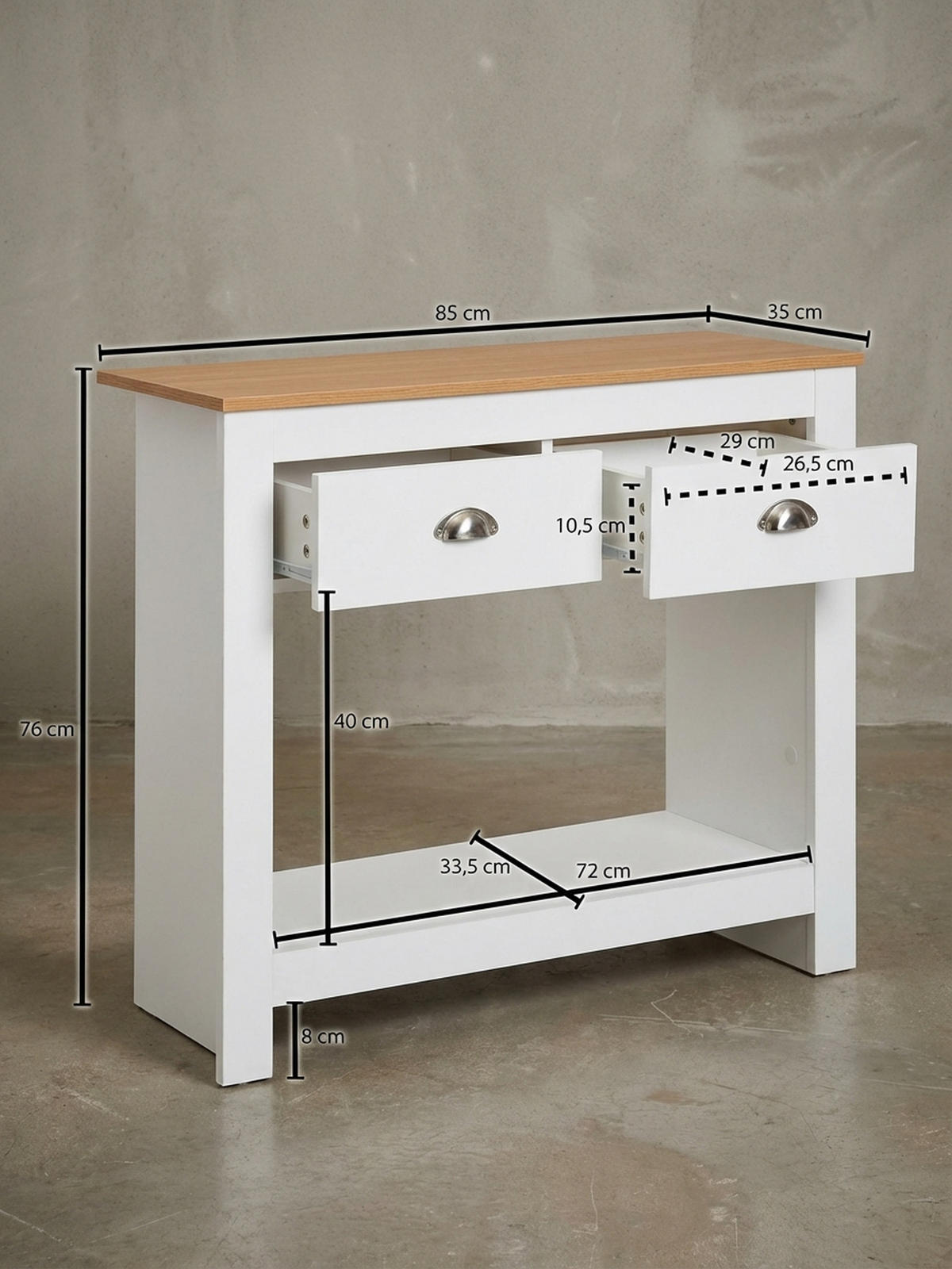 KONSOLENTISCH – Eiche-Weiß, 2 Schubladen, offenes Fach, melaminbeschichtet - Weiß, Holz/Metall (35/85/76cm) - KADIMA DESIGN