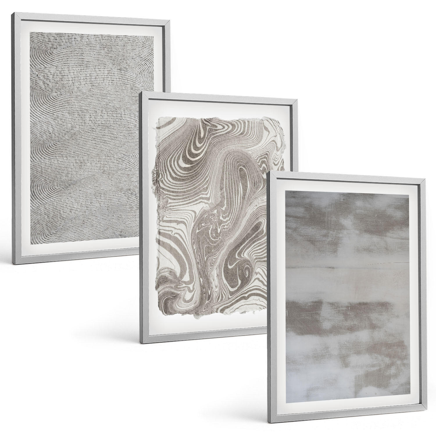 BILDER SET 3er Set - 40x60 cm Silberner Rahmen - Industrielle abstrakte Muster - Silberfarben, Kunststoff (40/60cm) - TULUP