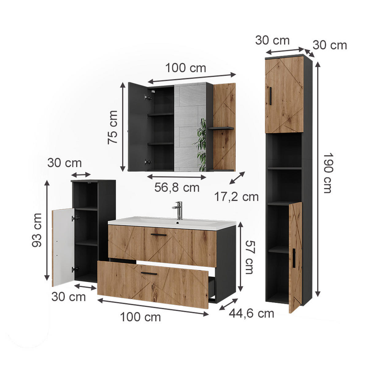 KOUPELNOVÁ SESTAVA NÁBYTKU Irma Antracit - antracitová/dub artisan, kompozitní dřevo (100/57/44.6cm) - Vicco