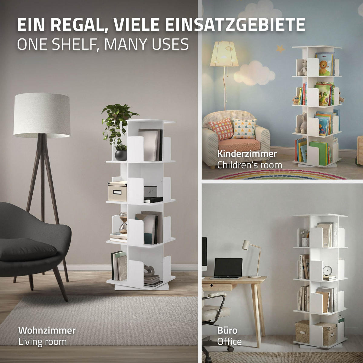 BÜCHERREGAL Kinder mit 4 Ebenen Weiß 40x124,5x40 cm Drehbar 360 Grad - Weiß, Holzwerkstoff (40/124.5/40cm) - ML-DESIGN