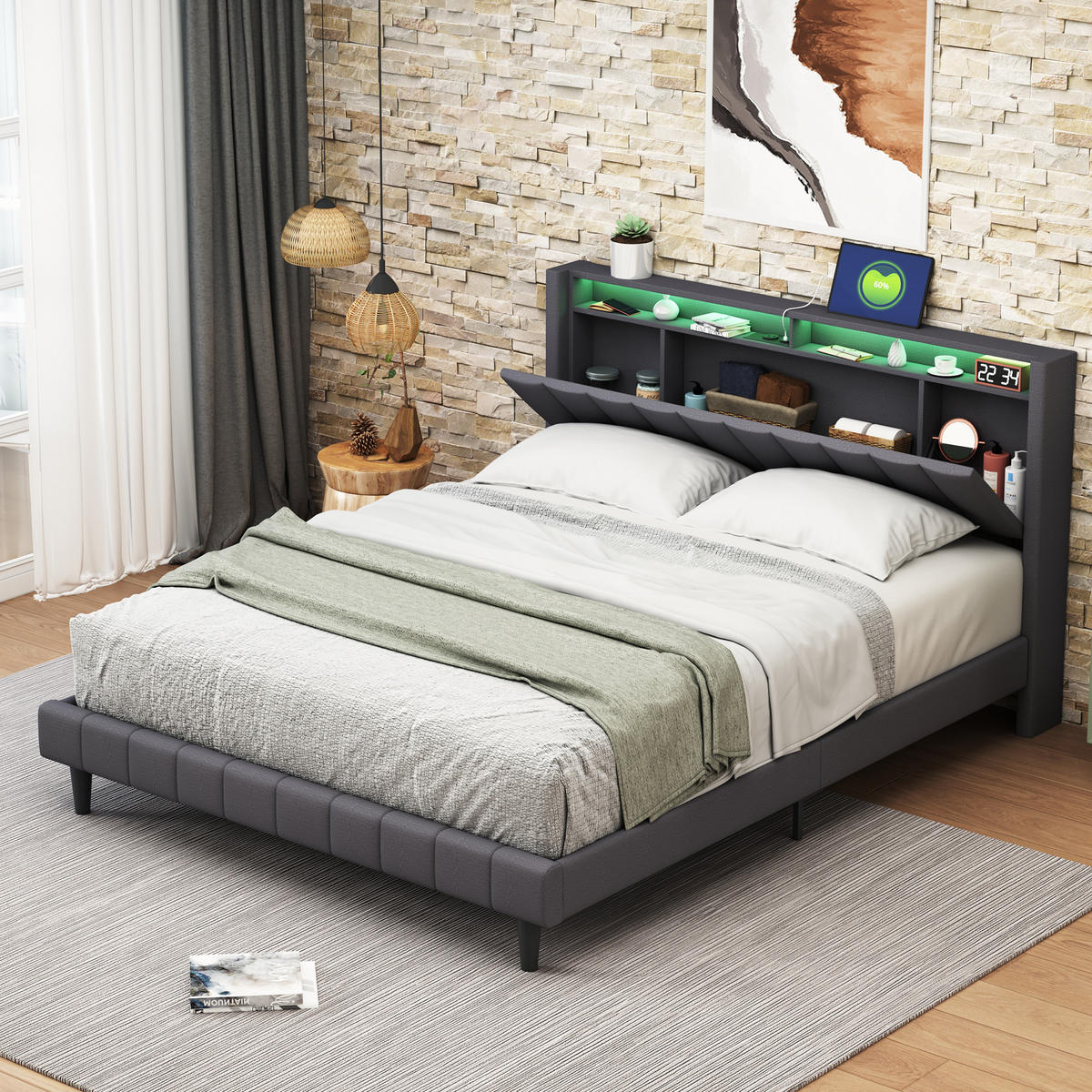 POLSTERBETT 160x200 cm, Grau, mit USB & LED - Grau, Textil/Metall (160/200cm)
