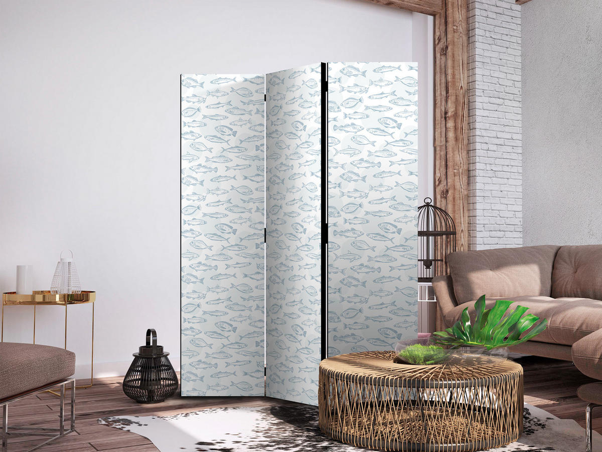 PARAVENT Einseitig Bedruckter 3-tlg 135x172 cm Blaue Fische Im Boho Stil - Blau, Holz/Textil (135/172/3cm) - Muralo