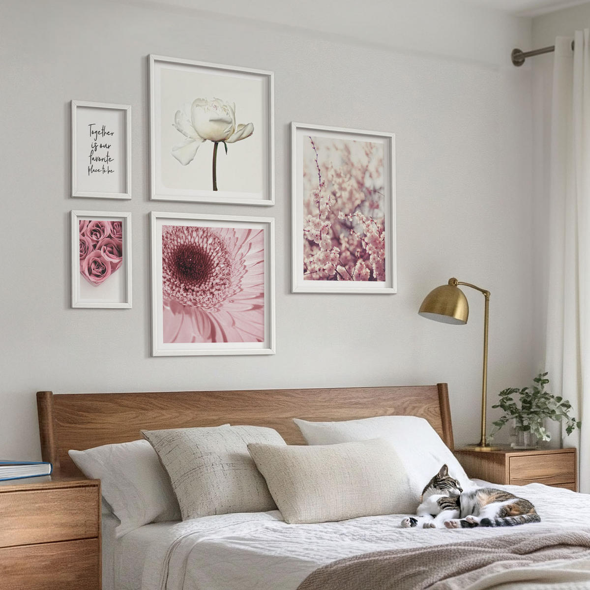 BILDER SET 5er Set - 50x50 cm & 20x30 cm & 40x60 cm Weißer Rahmen - Blumensträuße mit Rosen, Hausinschrift - Weiß, Kunststoff (40/60cm) - TULUP