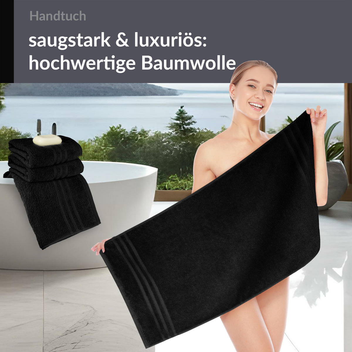 HANDTUCH 50x100 cm London Schwarz 4er Set - Schwarz, Textil (50/100cm) - Lashuma