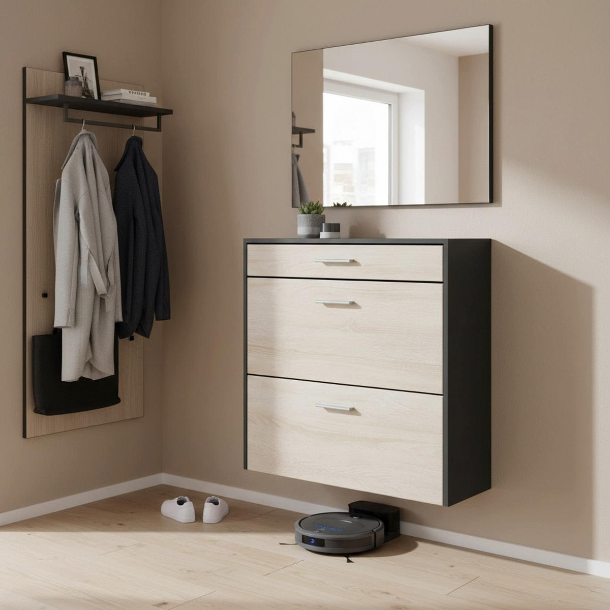 HÄNGENDER-SCHUHSCHRANK Roma Air Schmal mit 2 Klappen und 1 Schublade, Platzsparender Schuhkipper, Schwarz/Eiche Sägerau (89 x 87 x 23 cm) - Eiche San Remo, Holzwerkstoff (89/87/23cm) - InnoFurn