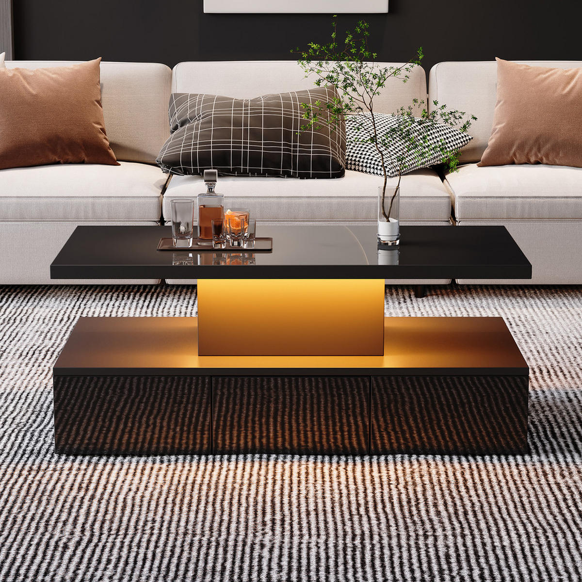 COUCHTISCH Zweistufig Schwarz Hochglanz LED 16 Farben Ausstellungsregal - Schwarz, Holz (112.4/60.96/15.24cm) - FLIEKS