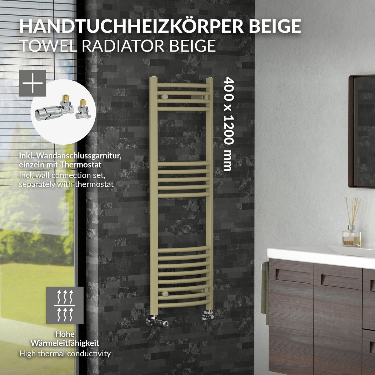 RUČNÍKOVÝ radiátor 400 x 1200 mm, béžový, s termostatickým ventilem, koupelnový radiátor zakřivený s bočním připojením - béžová, kov (40/120/3cm) - LuxeBath