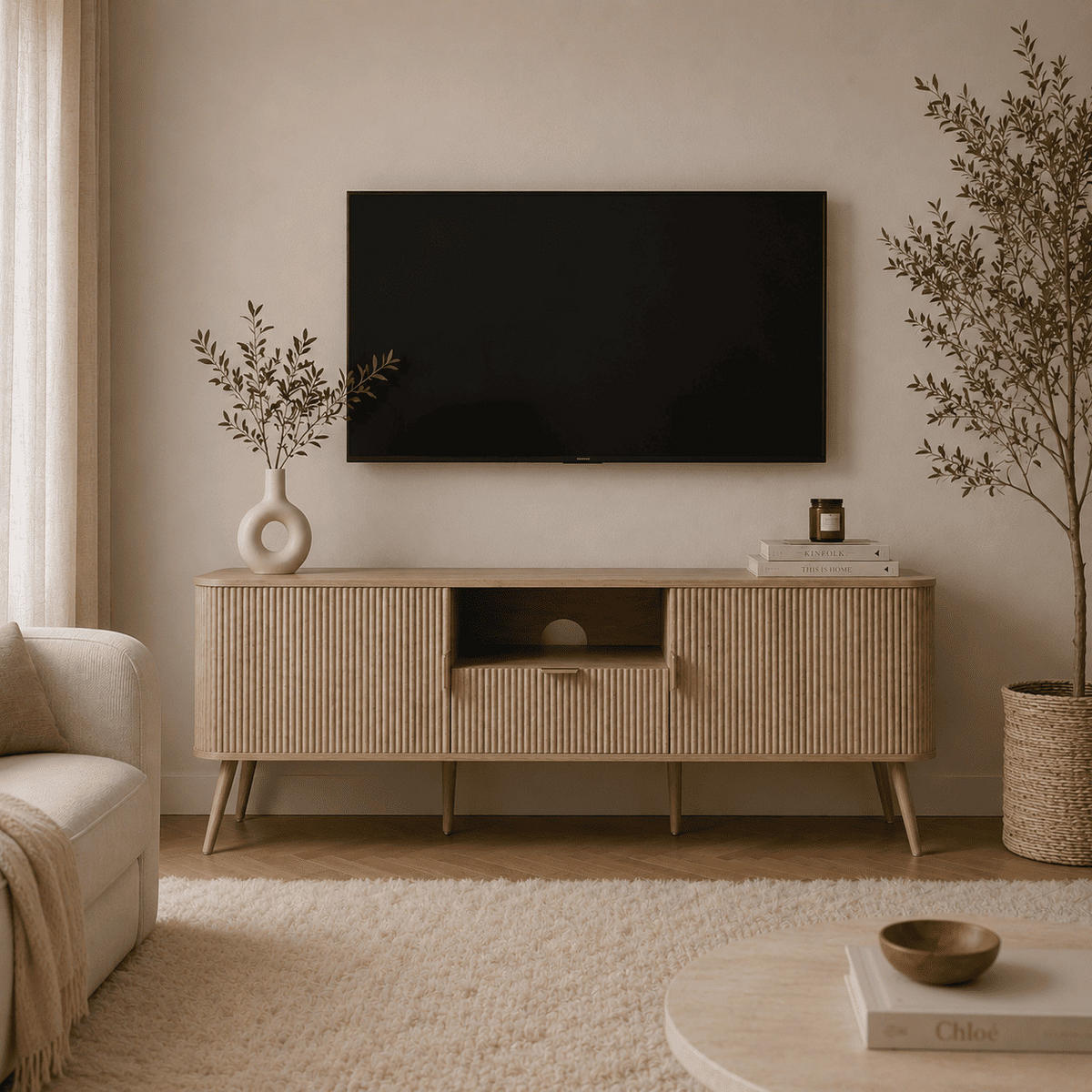 TV-MÖBEL 2 Türen Fronten gerundetem Lamelleneffekt 39/56/140 cm - Eschefarben, Holzwerkstoff (39/56/45cm) - Calicosy