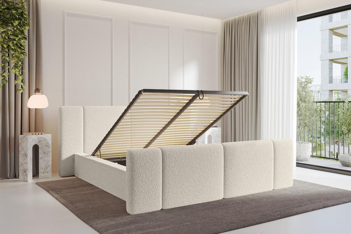 POLSTERBETT mit Bettkasten, Fußteil und Lattenrost, Bett mit Matratze H3/H4 - RIVO-Z 180x200 Beige - Champagner, Holzwerkstoff/Textil (180/200cm) - ALTDECOR