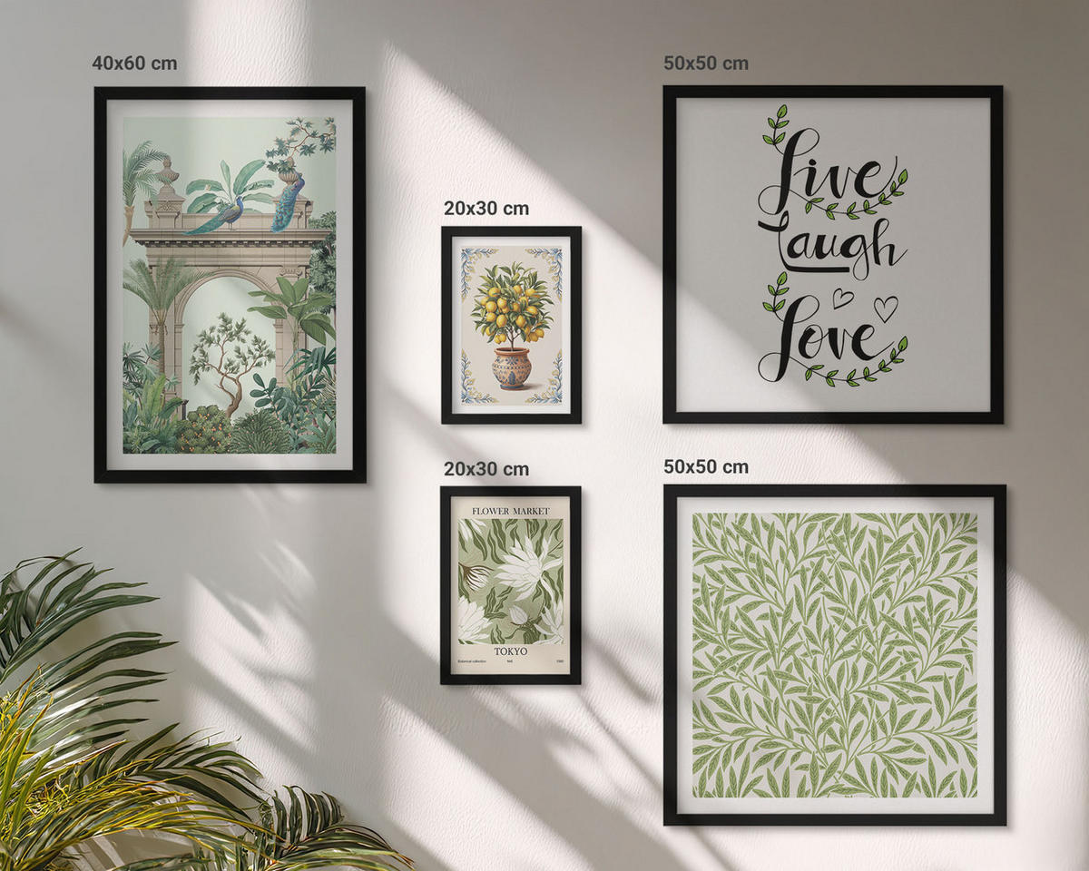 WANDBILDER 5er-Set - 50x50 cm & 20x30 cm & 40x60 cm Schwarzer Rahmen - Grüne Blätter exotischer Pflanzen - Schwarz, Kunststoff (40/60cm) - ArtPrintCave