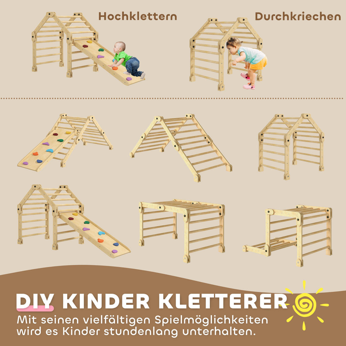 3 in 1 Klettergerüst Set mit Rutsche, Kletterdreieck zum Rutschen und Klettern - Multicolor, Holzwerkstoff (70/59/175cm) - AIYAPLAY