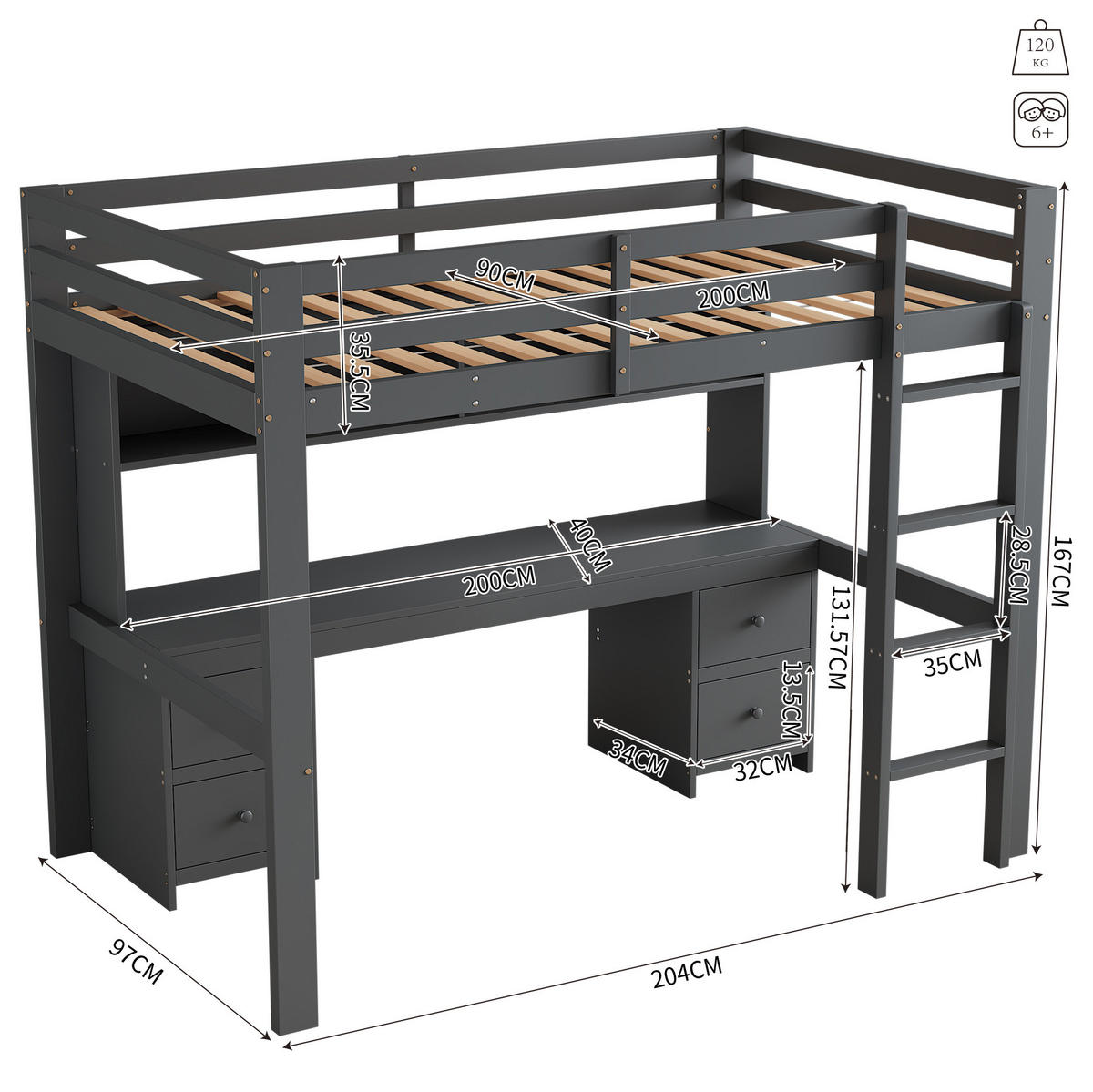 HOCHBETT 90/200 cm aus Kiefer massiv und MDF mit Schreibtisch und Stauraum Grau - Grau, Holz (90/200cm) - Modenvie