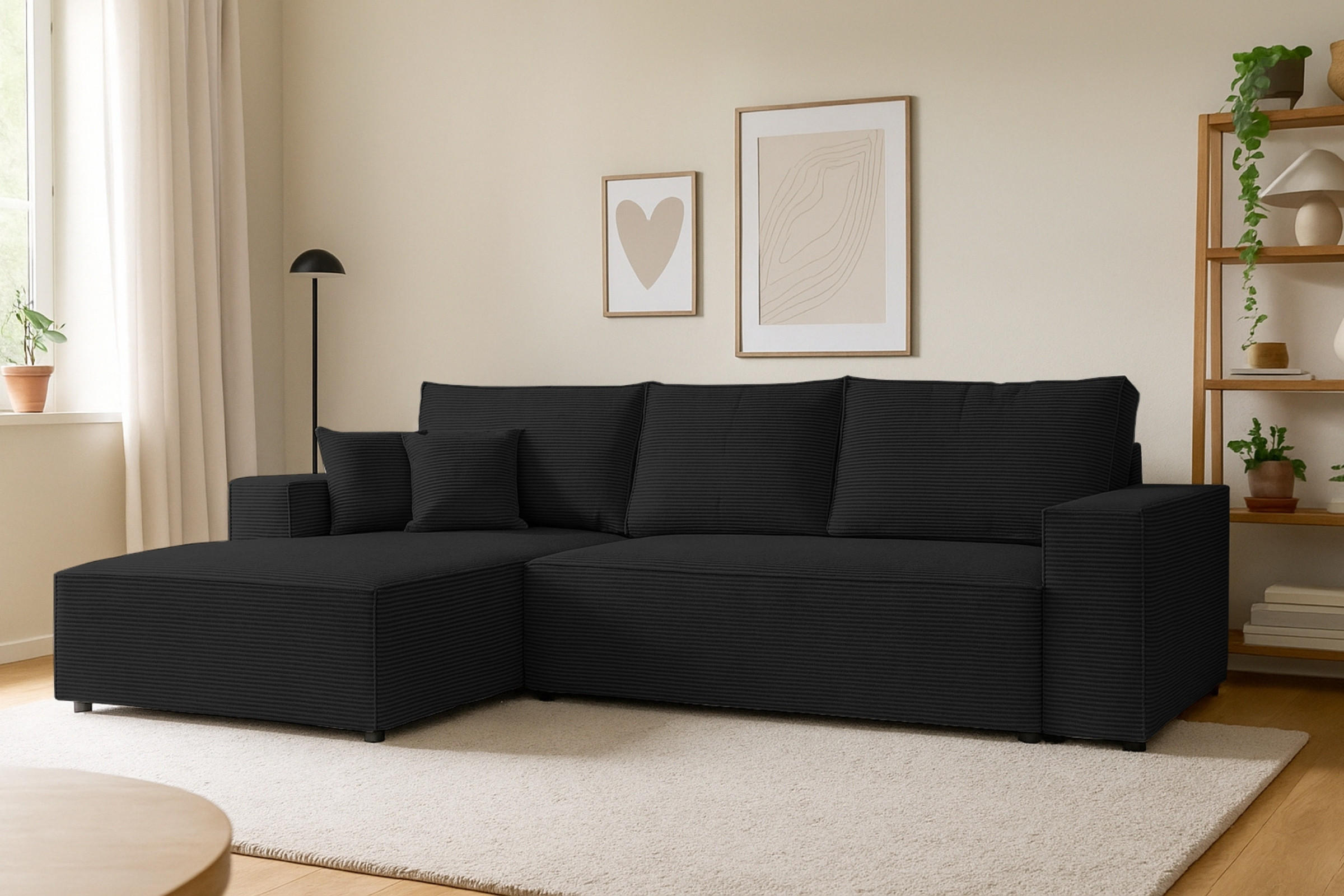 ECKSOFA MARCO 294/185 in Cord Schwarz mit Schlaffunktion links - Schwarz, Holz/Holzwerkstoff (294/185cm) - Deine Möbel 24