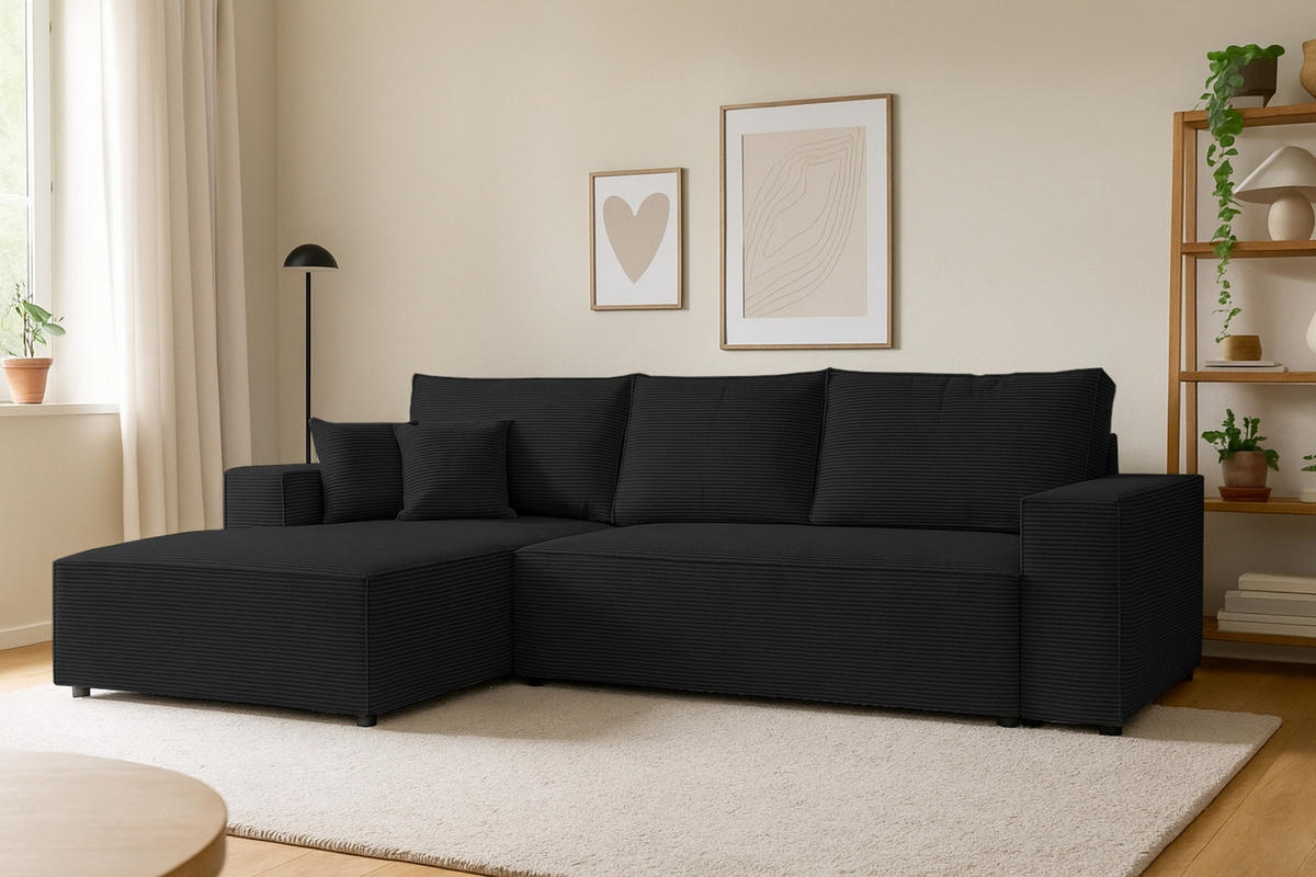 ECKSOFA MARCO 294/185 in Cord Schwarz mit Schlaffunktion links - Schwarz, Holz/Holzwerkstoff (294/185cm) - Deine Möbel 24