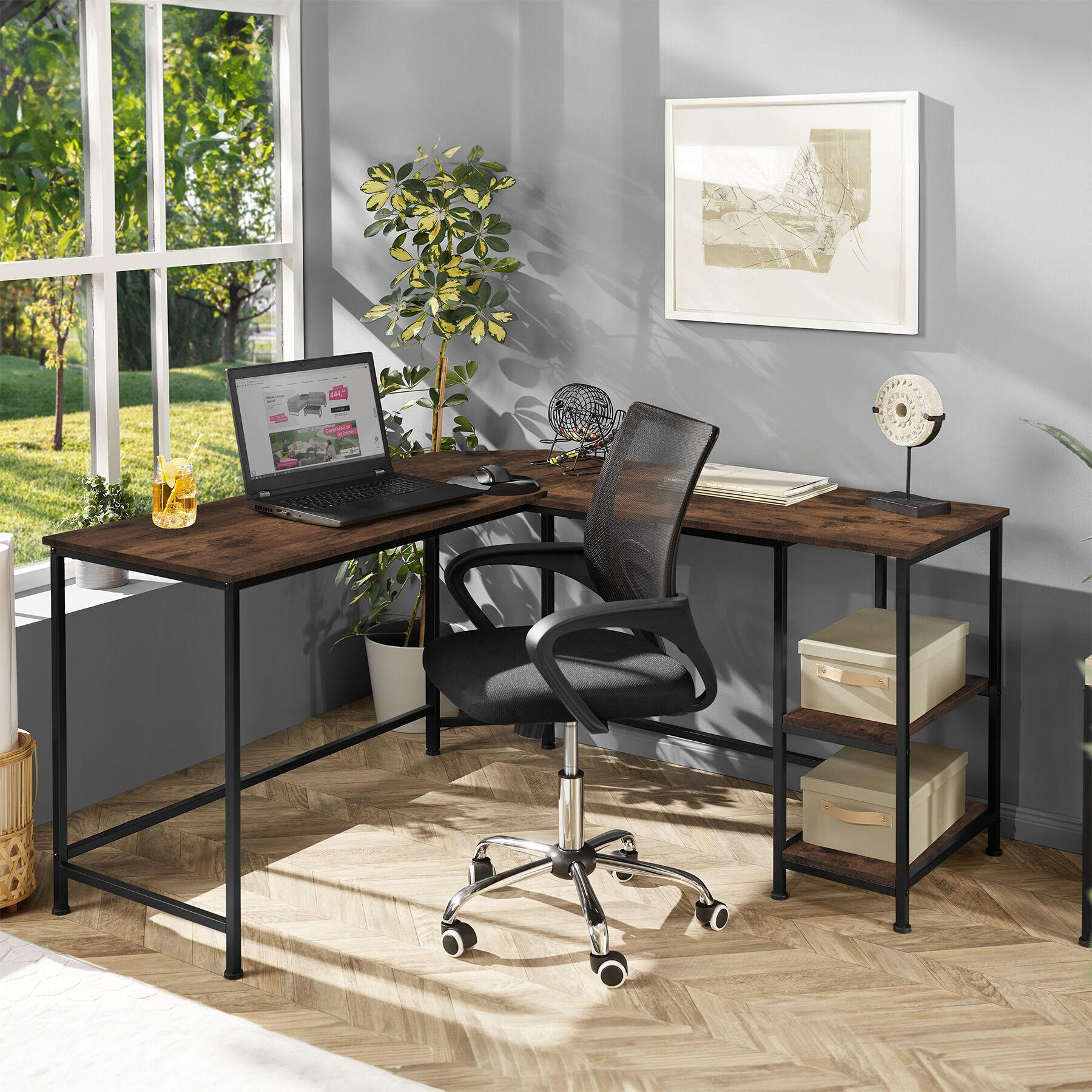 Thumbnail - tectake Schreibtisch, Rost, Holz, L-Form, 138x75.5x138 cm, Arbeitszimmer, Schreibtische, Eckschreibtische