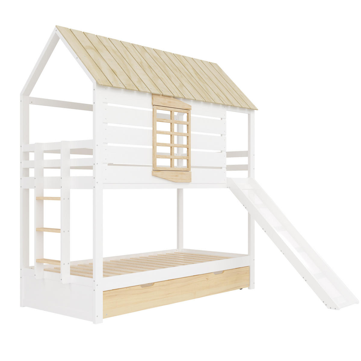 ETAGENBETT aus Kiefer und MDF 90x200 cm Weiß/Natur mit Rutsche, Ausziehbett und Hausdach - Weiß, Holzwerkstoff (90/200cm) - Modfu