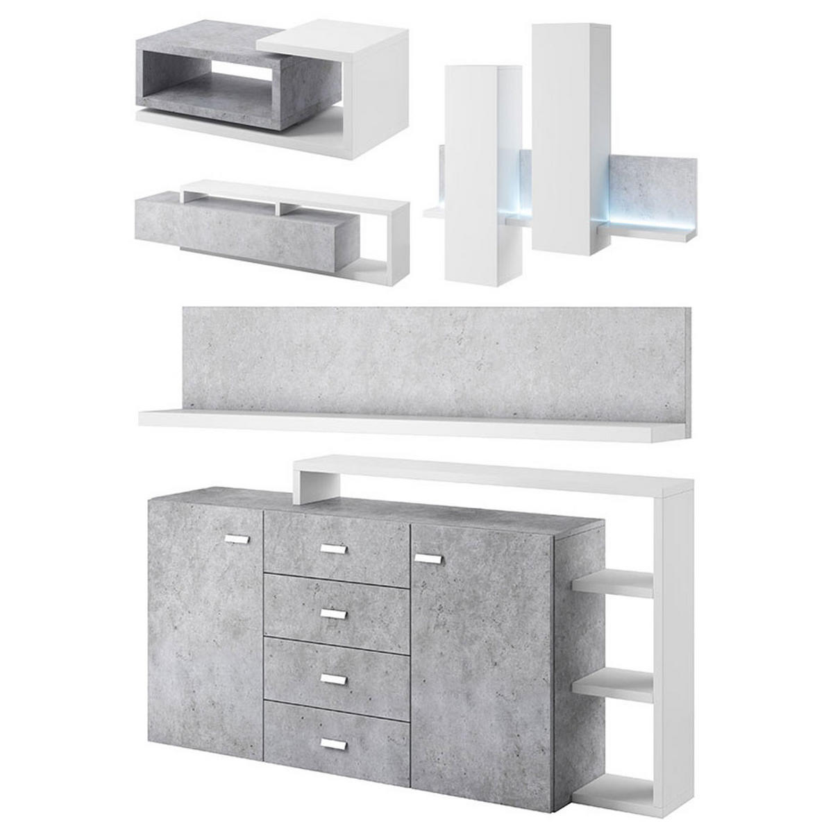WOHNZIMMER-SET 5-teilig Broto Weiß / Beton Colorado - Multicolor/Grau, Holz/Holzwerkstoff (371/142/60cm) - Feldmann-Wohnen