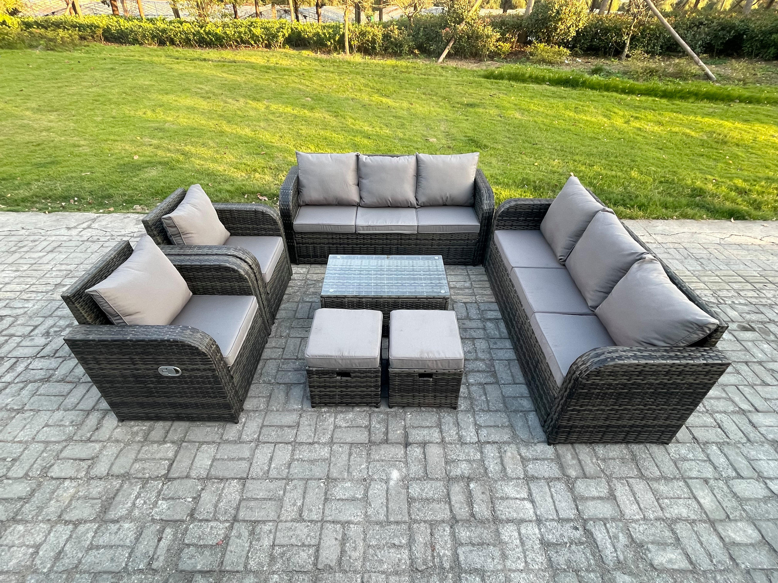 GARTENMÖBEL-SET mit Kissen Polyrattan Dunkelgrau 10-Sitzer - Dunkelgrau/Grau, Glas/Kunststoff - Fimous