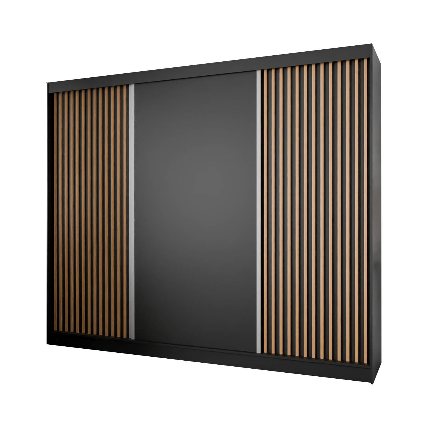 Meblini Schiebetürenschrank Schwarz, Eiche Wotan 250x215x61 cm