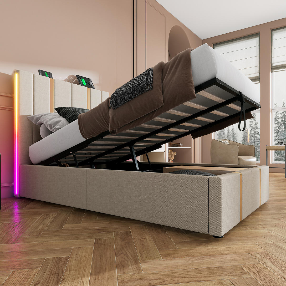 POLSTERBETT 90/200 cm Beige mit USB- und Type-C-Anschlüssen und LED-Beleuchtung - Beige, Textil (90/200cm) - OKWISH