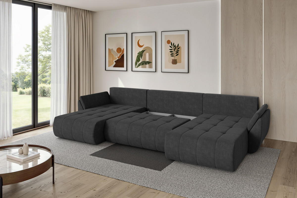 SEDACÍ SOUPRAVA DO U s funkcí spaní a úložným prostorem TOKO-U 378x194x86 tmavě šedá velur - černá/antracitová, kompozitní dřevo/textil (378/86/194cm) - ALTDECOR