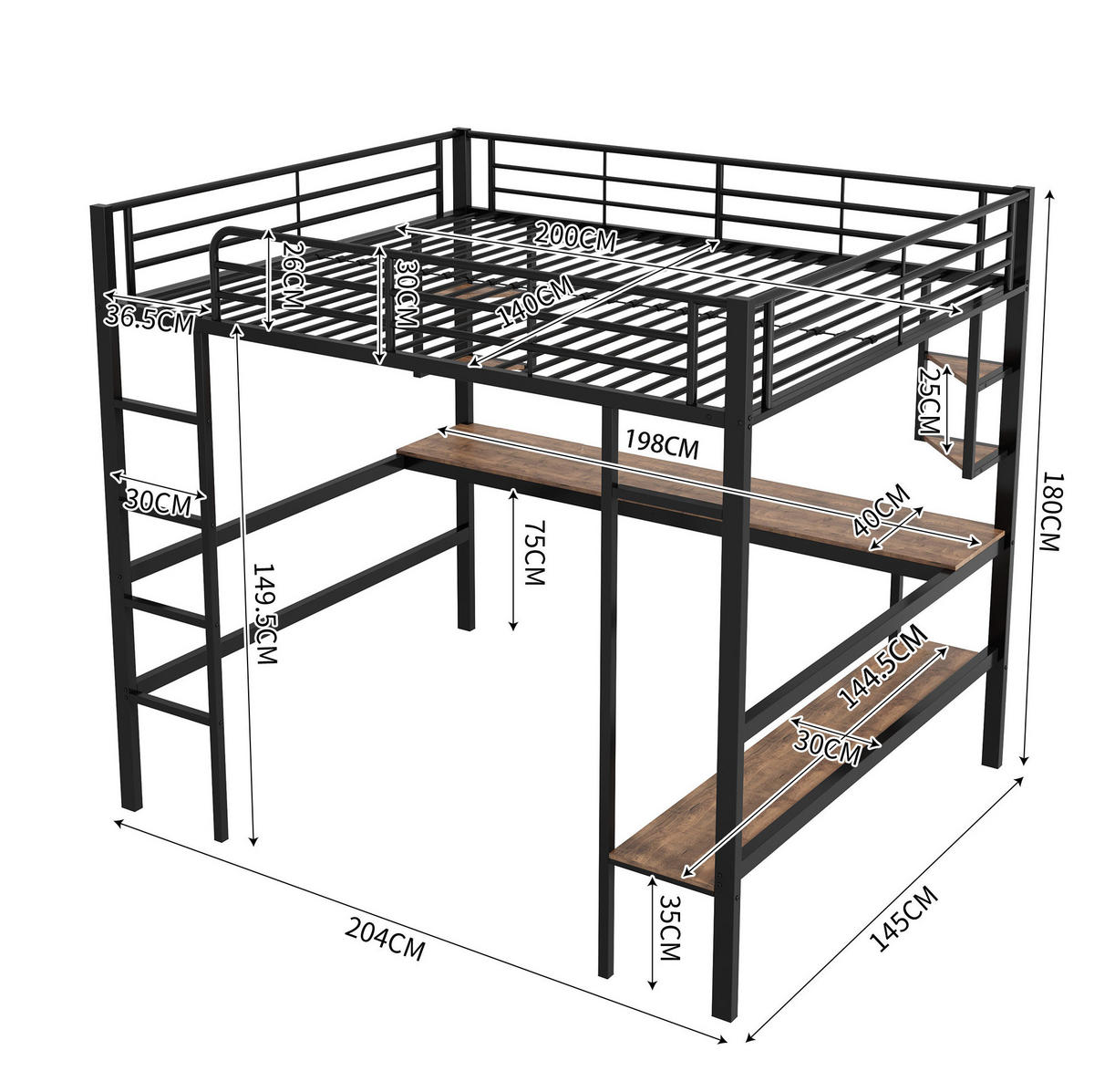 HOCHBETT 140/200 cm aus Metall mit Schreibtisch, 4 Regalen und Bücherregal, Schwarz - Schwarz, Metall (140/200cm) - Redom