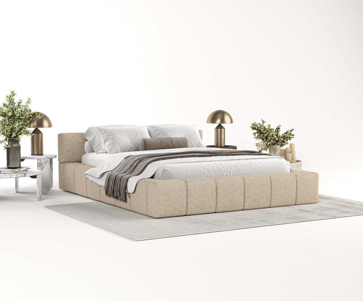 POLSTERBETT Milos mit Stauraum 200/200 cm Hellbeige im Bubble Stoff - Sandfarben/Schwarz, Holz/Holzwerkstoff (200/200cm) - AltaBeds