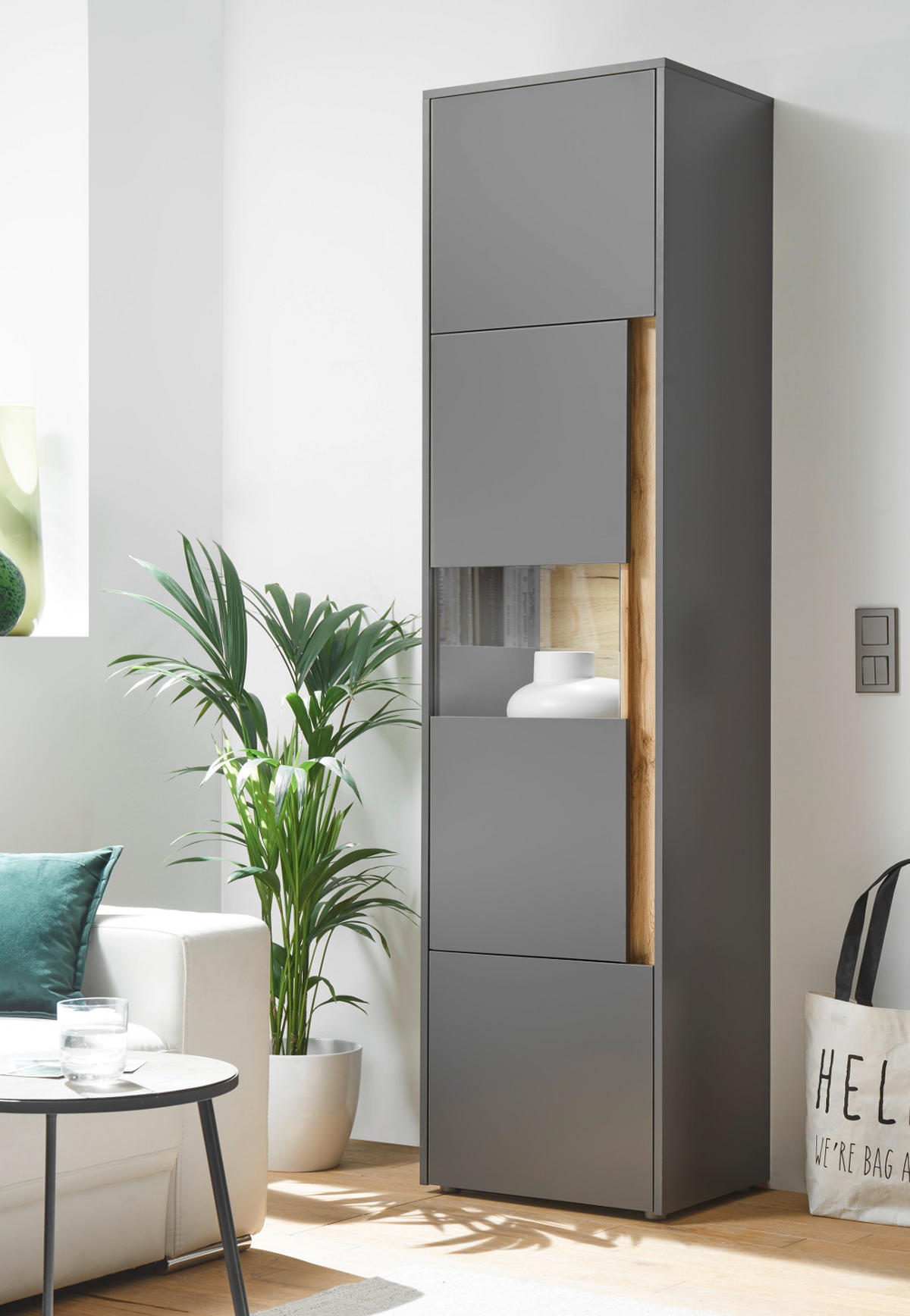 VITRINE grau matt, Eiche Wotan 50 x 197 cm, Vitrinenschrank 5 Fächer - Eiche Wotan/Schwarz, Glas/Holz (50/197/40cm) - Furn.Design