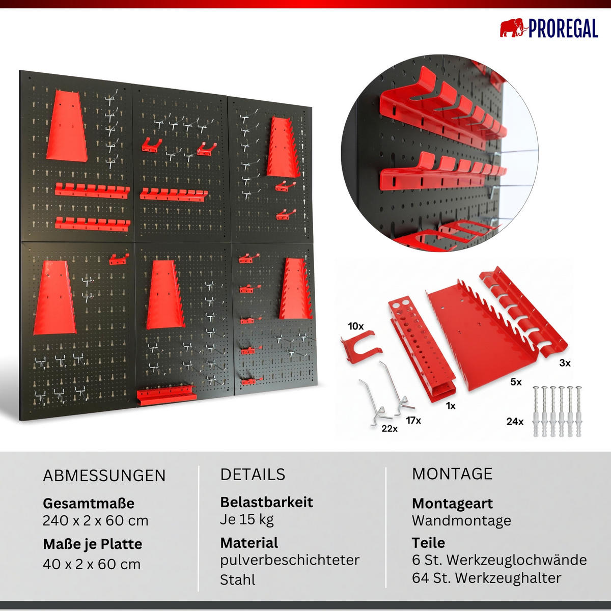 WERKZEUGWAND Ares Werkzeug Lochwand inkl. Halterungen 240x60cm - Schwarz, Metall (240/60/2cm) - PROREGAL