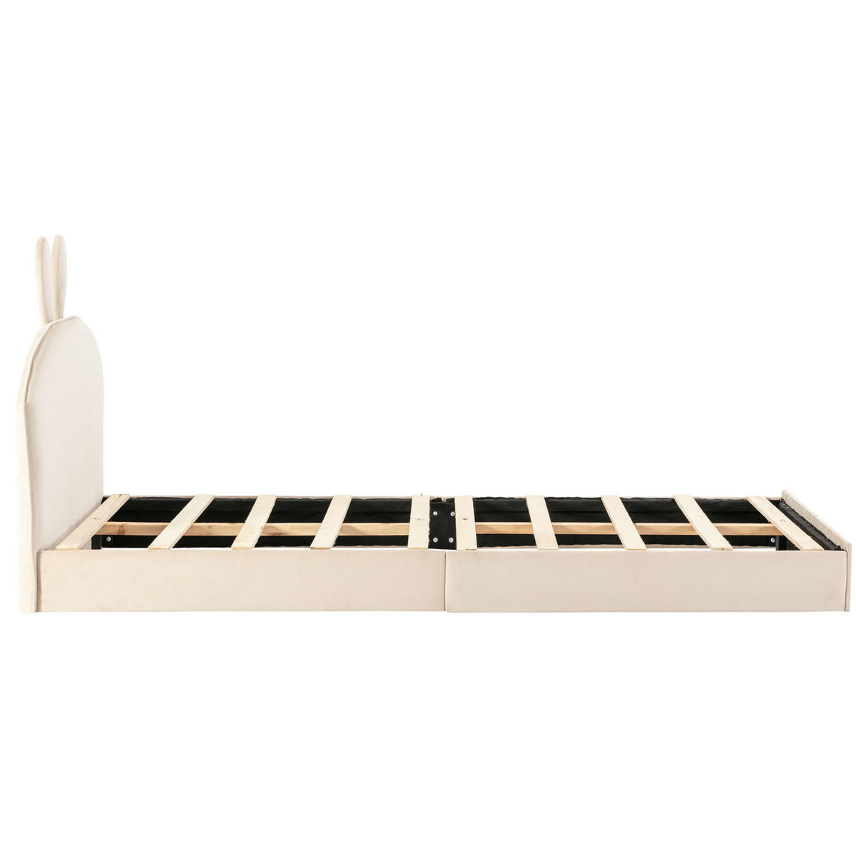 OTROŠKA postelja 90/200 cm bež z zajčjim vzglavjem in lesenimi letvicami iz žameta - bež, tekstil (90/200cm) - OKWISH