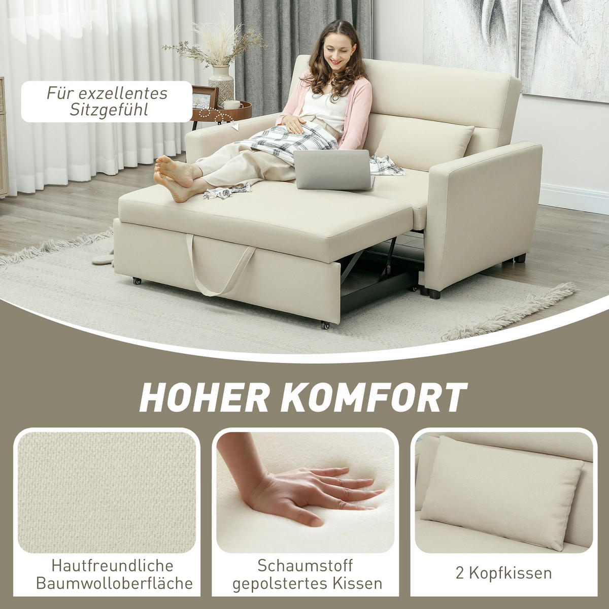 SCHLAFSOFA 2-Sitzer, Verstellbare Rückenlehne, Beige - Beige, Textil (155/88.5/90cm) - HOMCOM