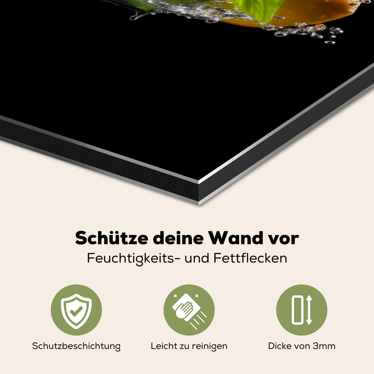 SPRITZSCHUTZ KÜCHE Paprika - Wasser - Gemüse - Schwarz 90x60 cm - Multicolor, Metall (90/0.3/60cm) - MuchoWow