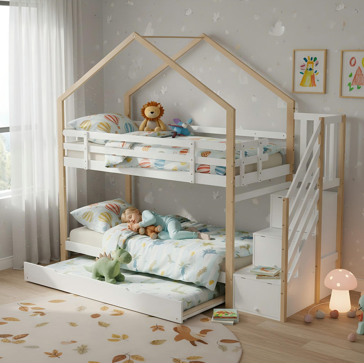 POSCHODOVÁ posteľ 90/200 a 90/190 cm biela/prírodná s výsuvným lôžkom a schodmi so zásuvkami z masívu a MDF - biela, drevo (90/200cm) - OKWISH