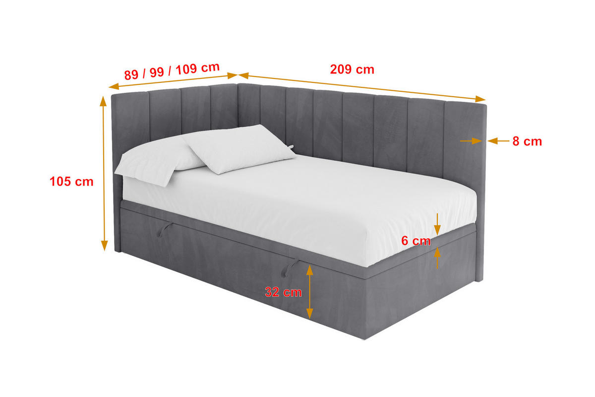 EINZELBETT Jugendbett mit Bettkasten Rechts, ohne Matratze - LOVY 80x200 Dunkelgrau - Dunkelgrau, Holzwerkstoff/Textil (80/200cm) - ALTDECOR